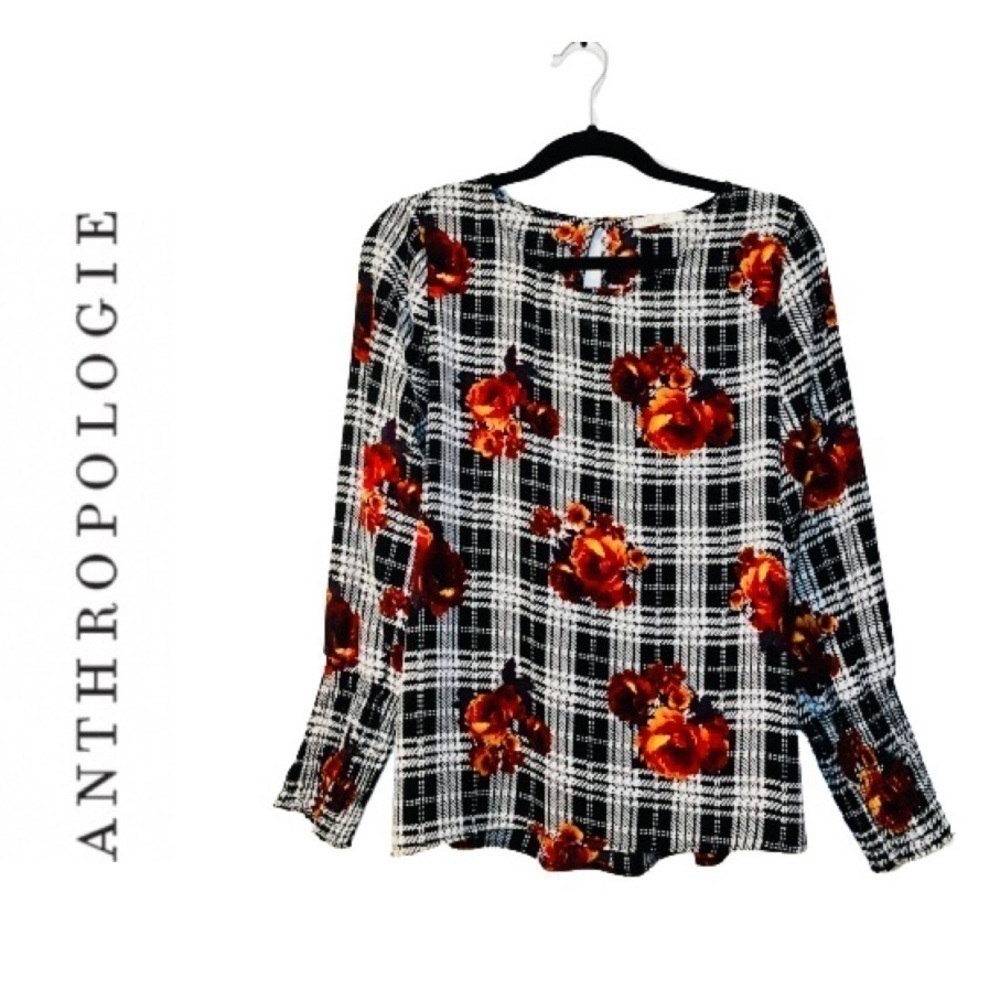 Anthropologie Black White Floral Plaid Long Puff Sleeve Sheer Peasant Blouse Top